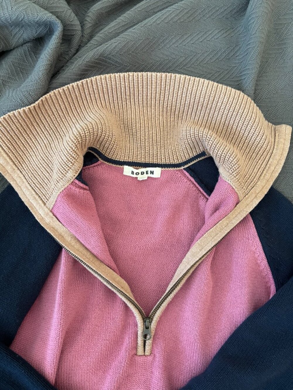 Boden Lucy Half Zip Sweater (Pink Heather, Navy) Size S - Picture 6 of 8